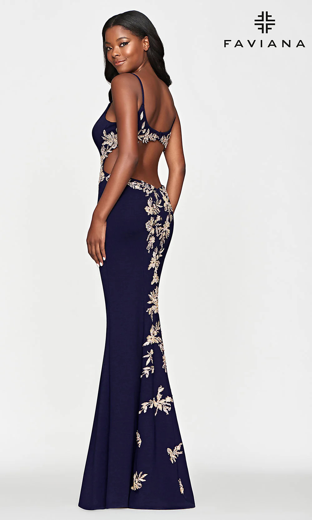 Faviana Long Navy Blue Prom Dress with Gold Beads | Prom Girl