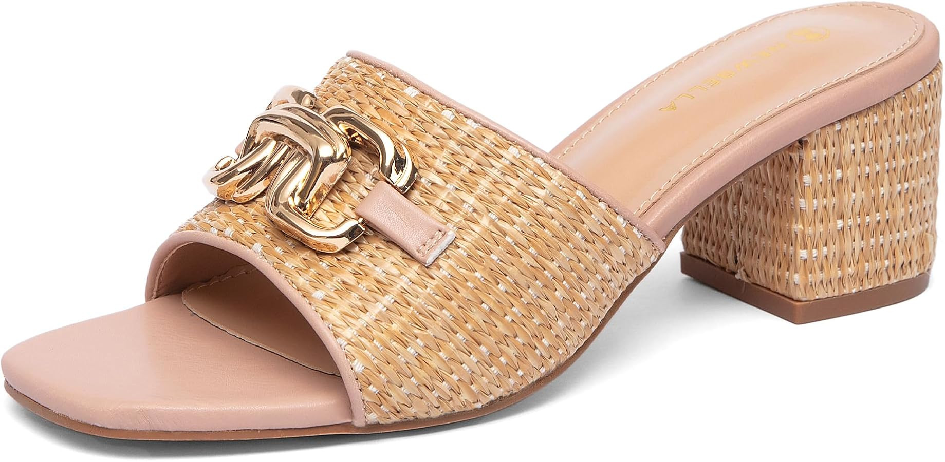 NEWBELLA Women's Raffia Slide Sandals Square Open Toe Chunky Heeled Sandals with Metal Chain Dres... | Amazon (US)