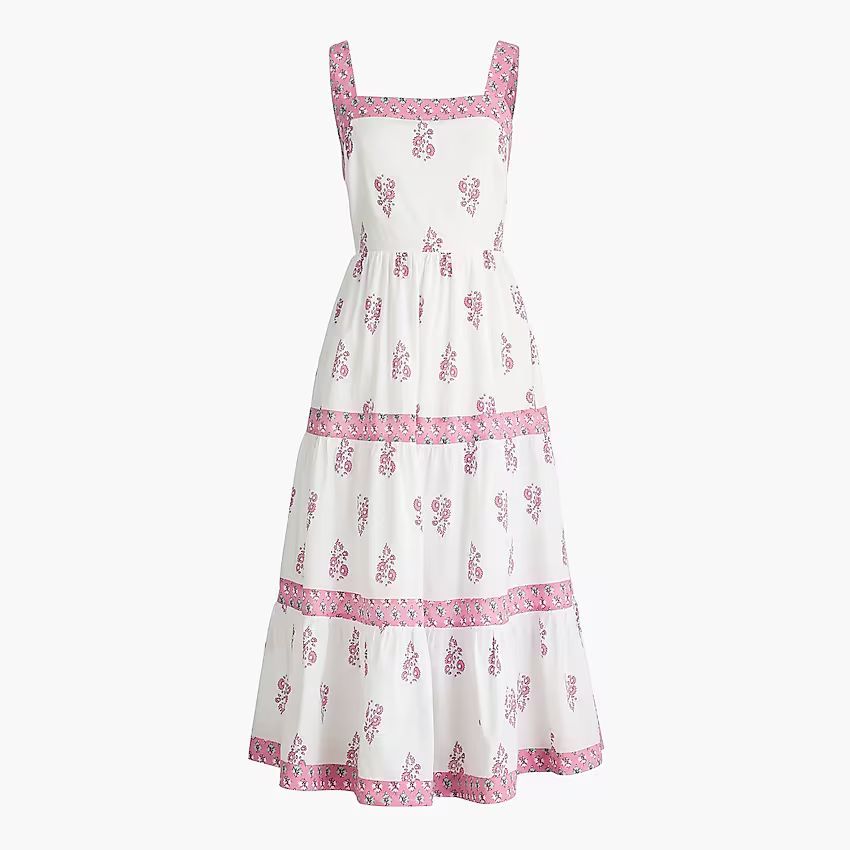 Block-print squareneck tiered midi dress | J.Crew Factory