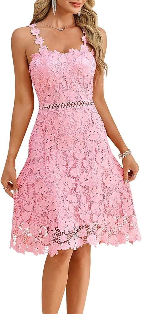 Women’s Lace Midi Dress – Floral Strap Cocktail Dress for Wedding Guest, Bridal Shower, Party... | Amazon (US)