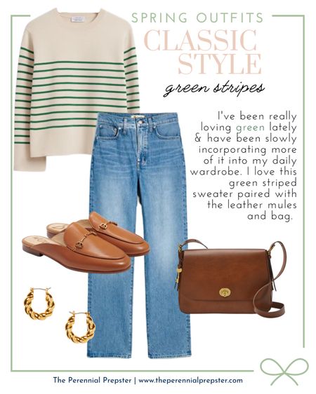 Be sure to add this classic style look to your spring wardrobe rotation. I love this classic green and white shirt, paired with blue jeans and these brown leather horse-bit mules. | classic style, preppy style, horse bit mules, leather brown purse, golden hoop earrings, spring style, mom style, weekend style, street style | 

#LTKSeasonal #LTKFind #LTKstyletip