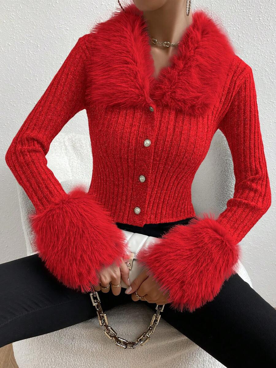 SHEIN Clasi 1pc Women Furry Collar Button Down Ribbed Short Cardigan, Elegant & Romantic, Suitabl... | SHEIN
