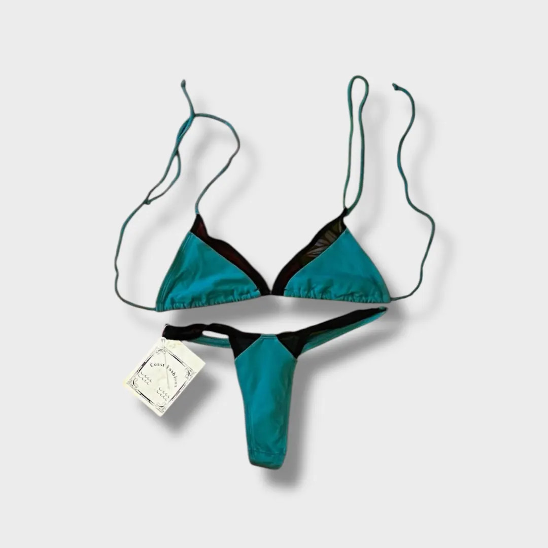 Vintage 90s Deadstock AQUA PIEL Solid Mesh Teal Green Black Wireless Halter Triangle String Tie H... | Etsy (US)