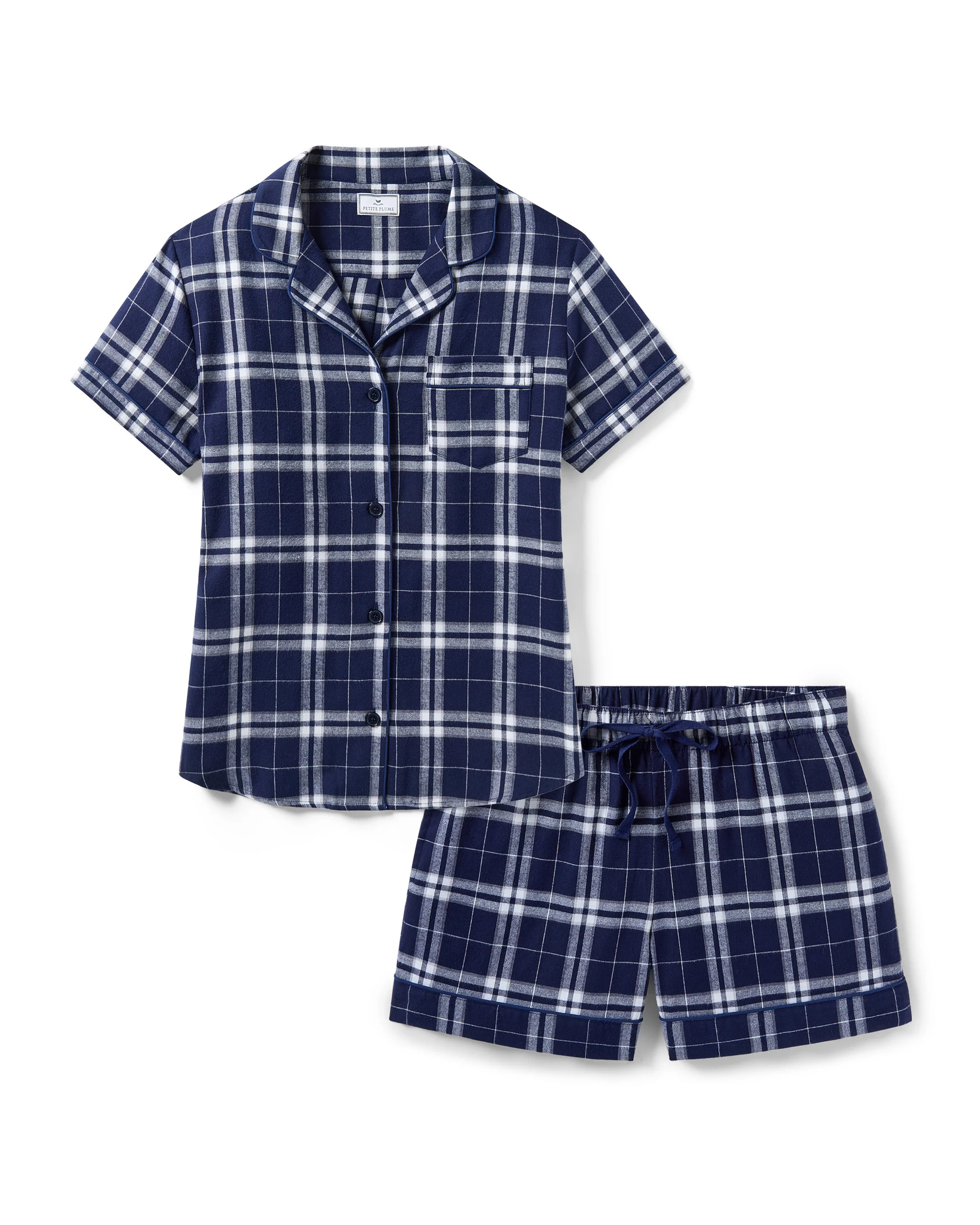 Women's Brushed Twill Short Sleeve Short Set in Oxford Tartan | Petite Plume