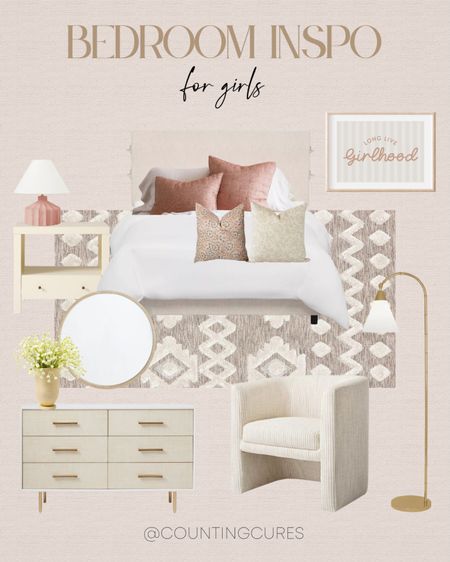 Get this feminine look for your girl's bedroom: bed, side table, console cabinet, carpet, and sofa couch in light tones. Accentuate the room with pink and gold lamps, and pillows!
#neutralaesthetic #homestyling #walldecor #furniturefinds

#LTKSeasonal #LTKstyletip #LTKhome