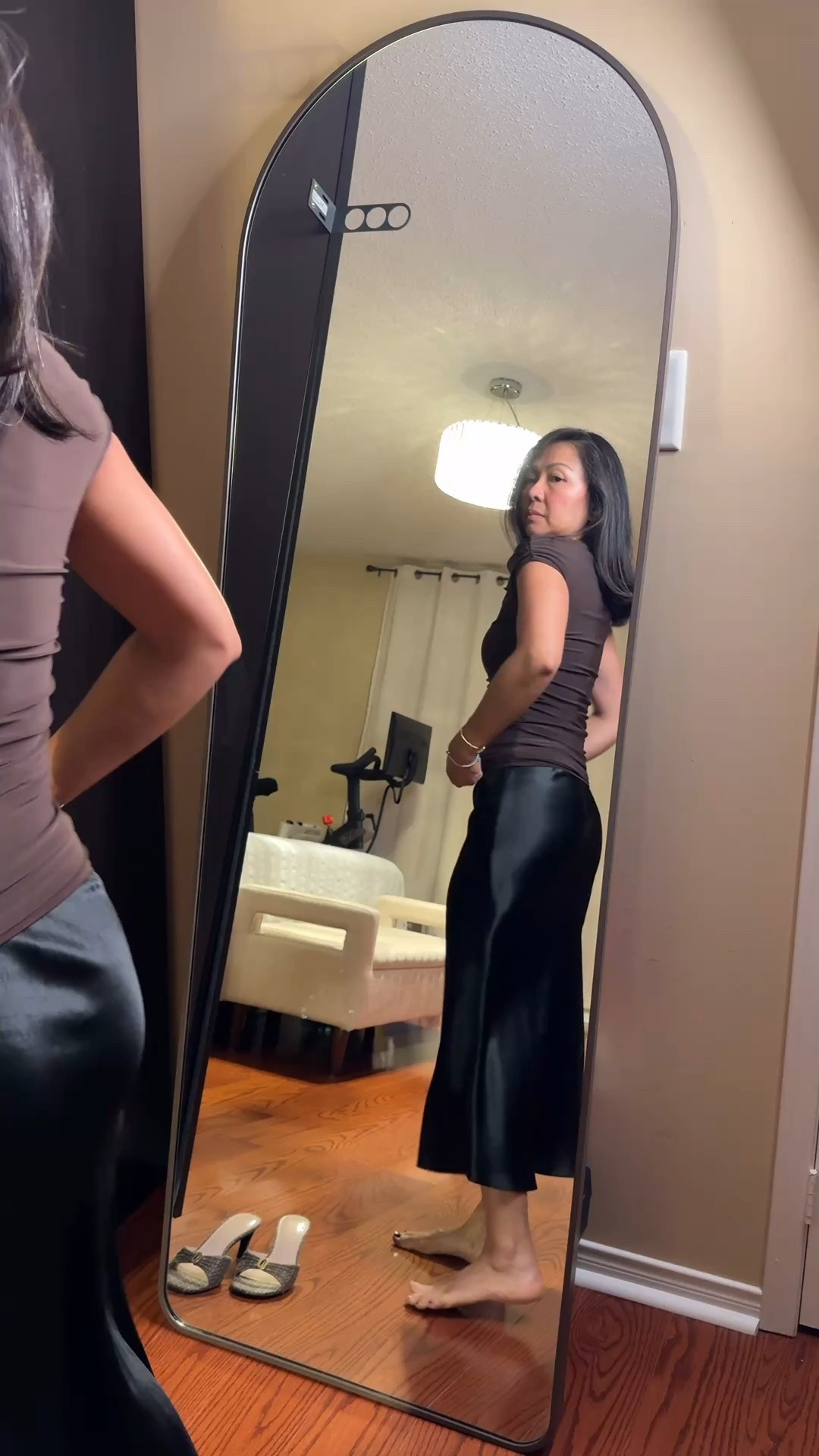 Black satin maxi skirt and brown off shoulder top

#LTKover50style #LTKworkwear #LTKcanada