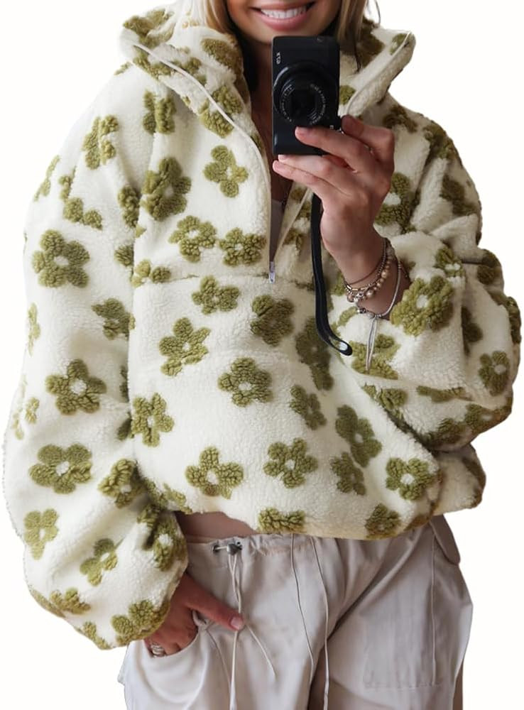 chouyatou Women's Fall Cute Floral Faux Fur Pullover Fleece Sweatshirt Y2k Casual Zip Up Winter S... | Amazon (US)