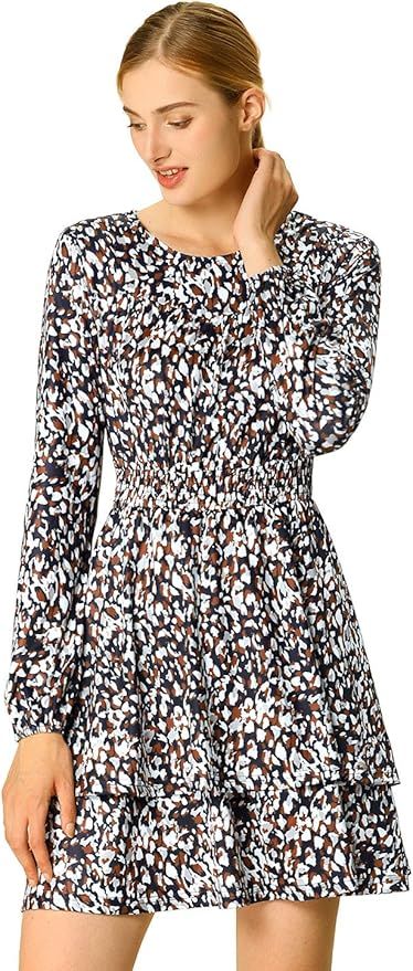 Allegra K Women's Leopard Print Long Sleeve Smock Layered Ruffle Hem Dress | Amazon (US)