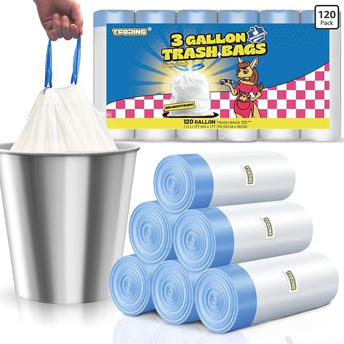 Bolsas de basura de 3 galones con cordón de 0.96 mil, 120 unidades, bolsas de basura pequeñas d... | Amazon (US)