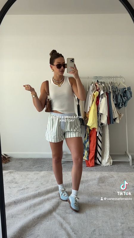 6/14/24 Boxer shorts outfit details  🫶🏼 Summer outfits, summer fashion, summer outfit inspo, boxer shorts, boxer shorts outfit, casual summer outfits, casual summer fashion, blue sneakers, puma sneakers