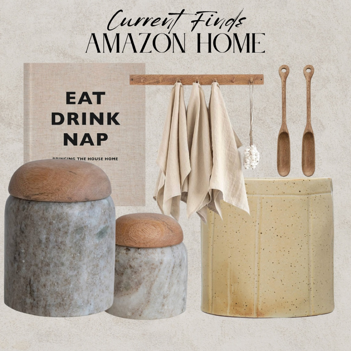 Amazon kitchen home finds. Utensil holder, wooden spoon, marble canister organizer, wood organizer, eat drink nap cookbook book, linen hand towels, scrubber 

#LTKhome #LTKSale #LTKSeasonal