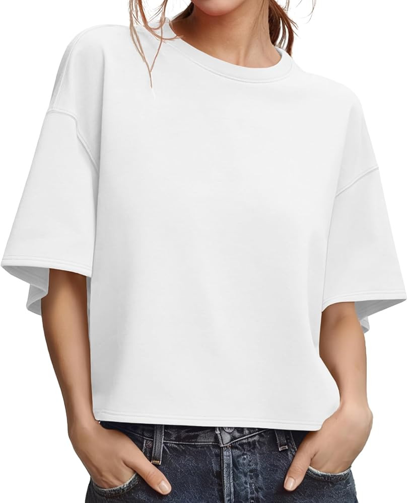UNCLECAT Womens Oversized T Shirts Summer Short Sleeve Cropped Tops Workout Crewneck Causal Tee | Amazon (US)