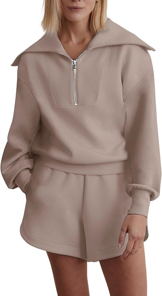 Meladyan Women’s Tracksuits 2 Piece Outfits Lapel Half Zip Sweatshirt Long Sleeve And Shorts Se... | Amazon (US)
