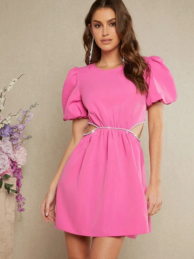 L'Amorae Sparkly Cut Out Puff Sleeve Dress | SHEIN