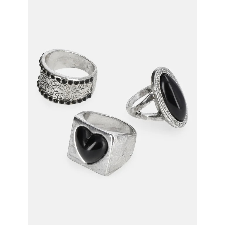 No Boundaries Black and Gold-Plated Stone and Heart Rings, 3-Pack, Women's | Walmart (US)
