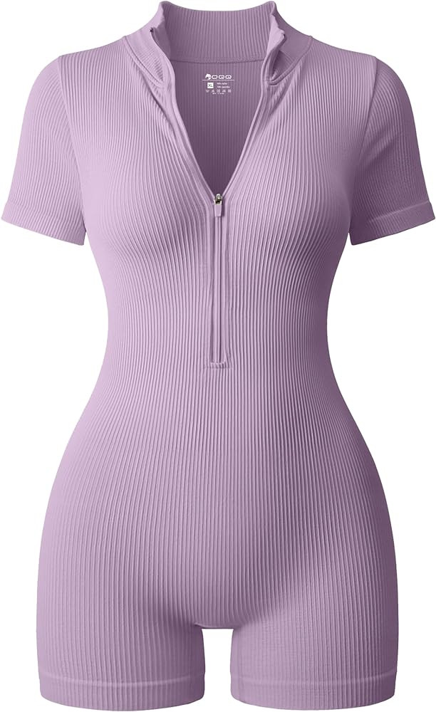 OQQ Women Rompers Ribbed Short Sleeve Zip Front Stretch Tummy Control Yoga Workout Rompers | Amazon (US)