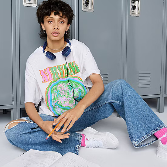 New World Juniors Nirvana Smiley Oversized Womens Crew Neck Short Sleeve Graphic T-Shirt | JCPenney