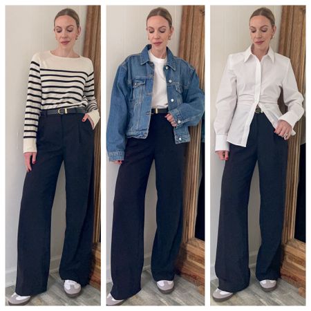 Spring outfits with black wide leg trousers, spring work wear, denim jacket, business casual 

#LTKfindsunder50 #LTKworkwear #LTKshoecrush