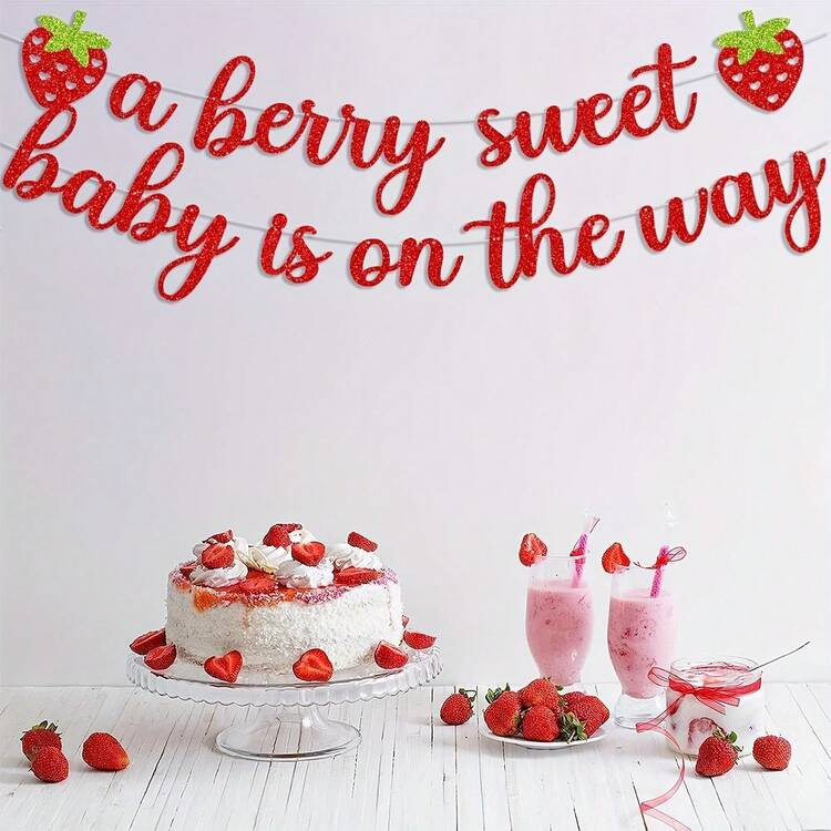 Strawberry Baby Shower Decorations Glitter Red A Berry Sweet Baby Is On The Way Banner For Baby G... | SHEIN
