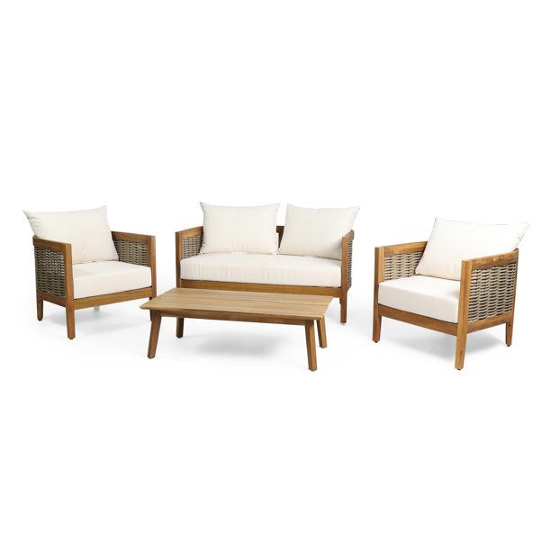 Morrow Outdoor Acacia Wood 4 Seater Chat Set with Cushions, Teak, Mixed Brown, and Beige | Walmart (US)