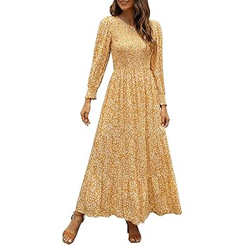 Annebouti Women Round Neck Long Sleeve Boho Floral Smocked Tiered Maxi Dress | Amazon (US)