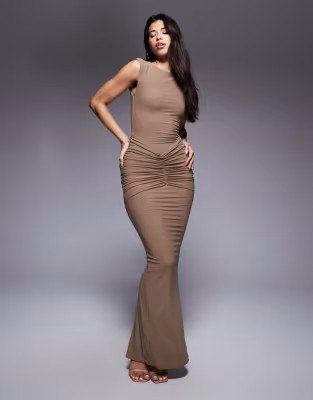 Wanderdoll Poppy sculpting mesh sleeveless gathered waist detail maxi dress in mocha | ASOS (Global)