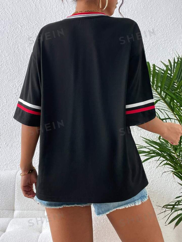 SHEIN EZwear Letter Graphic Striped Trim Drop Shoulder Tee | SHEIN