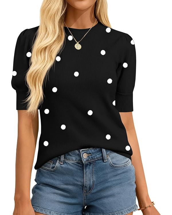 BTFBM Womens Tops Polka Dot Puff Short Sleeve Sweater for Women Crewneck Knit Summer Tops Busines... | Amazon (US)