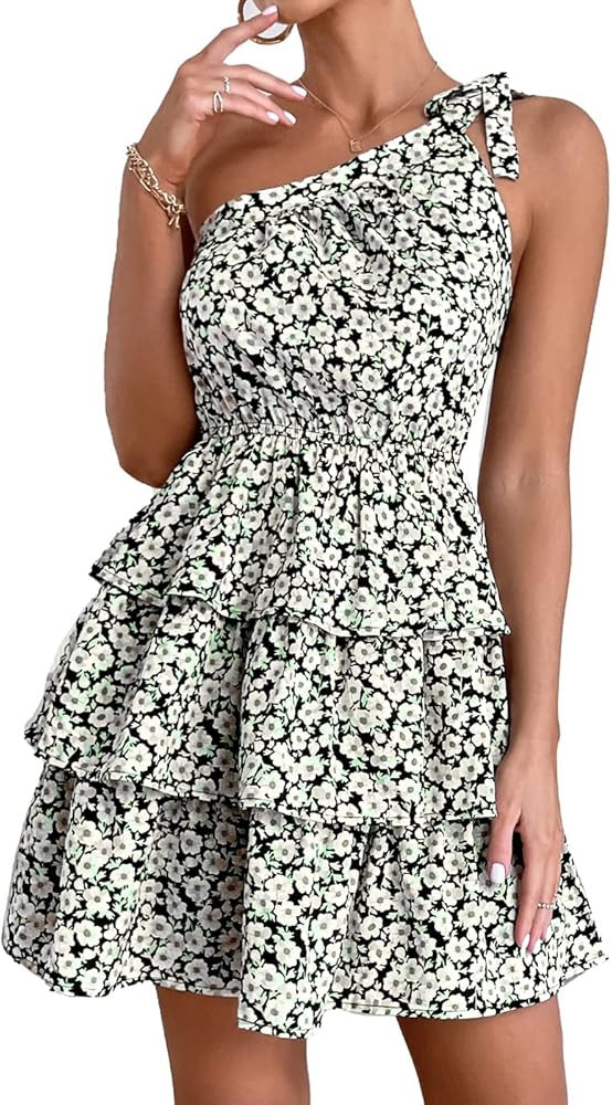 PRETTYGARDEN Women's Summer Tie One Shoulder Boho Floral Dress Elastic Waist Tiered Ruffle A Line Fl | Amazon (US)