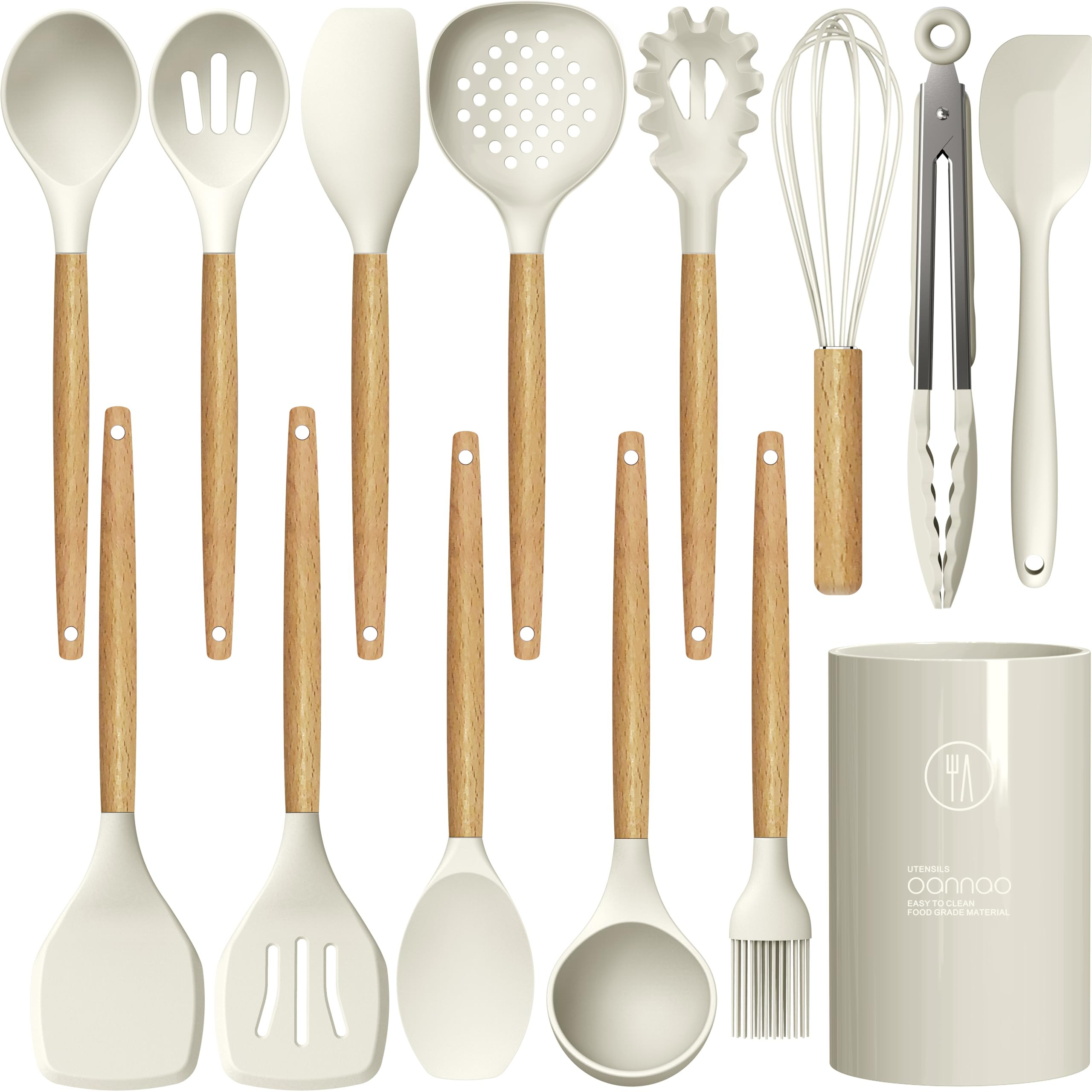 Silicone Cooking Utensils Set - 446°F Heat Resistant Silicone Kitchen Utensils for Cooking,Kitchen Utensil Spatula Set w Wooden Handles and Holder, BPA FREE Gadgets for Non-Stick Cookware (Khaki) | Amazon (US)