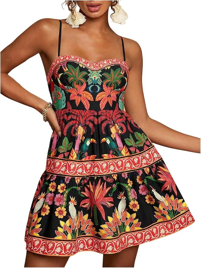 Floerns Women's Floral Boho Mini Dress Spaghetti Strap Vintage Tiered Ruffle Summer Beach Vacatio... | Amazon (US)