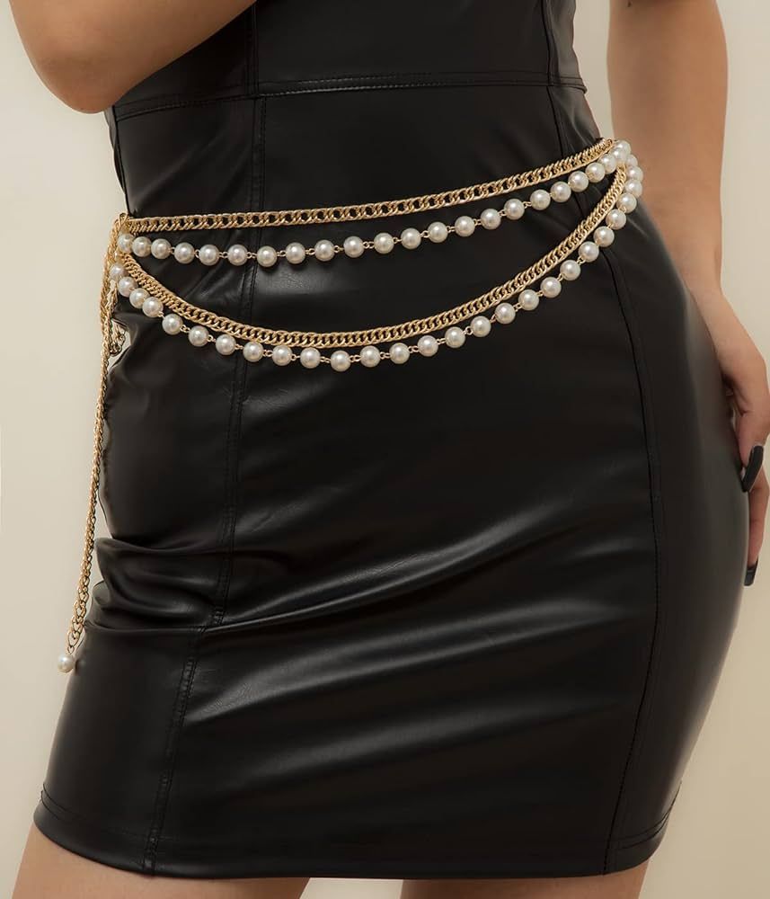 JWICOS Faux Pearl Layered Waist Chain for Women and Girls Bohemian Long Tassel Waist Chain Belt Body | Amazon (US)