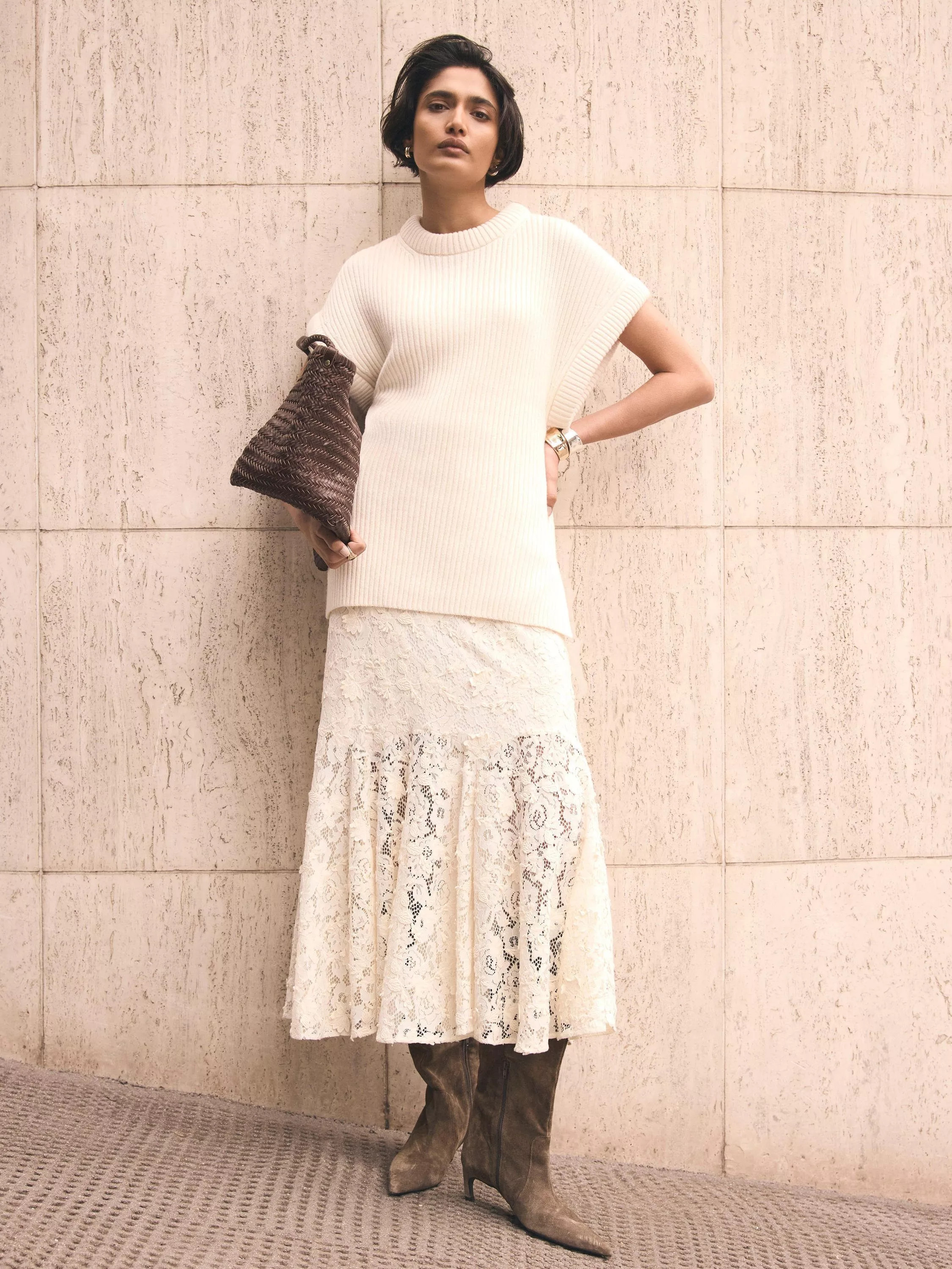 Mint Velvet Lace Midi Skirt, White Ivory | John Lewis (UK)