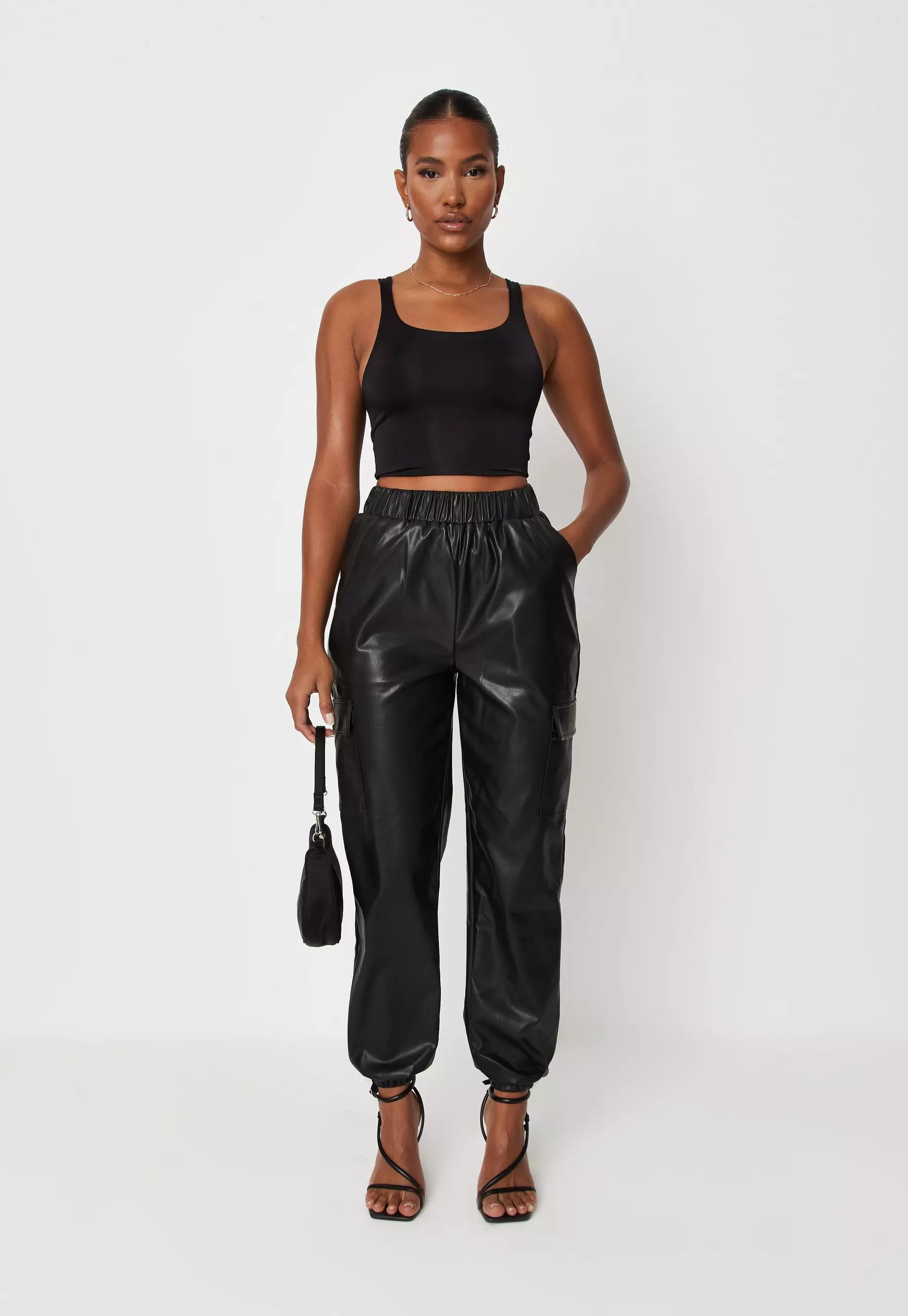 Missguided - Black Faux Leather Cargo Joggers | Missguided (US & CA)