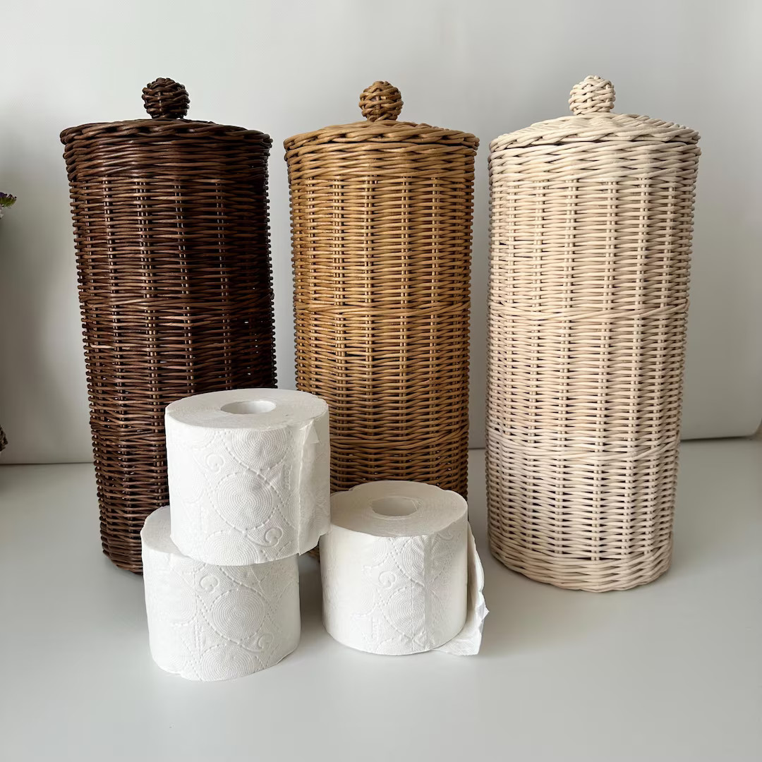 Nail free bathroom toilet paper holder, Storage wicker basket with lid, Cylinder toilet holder | Etsy (US)