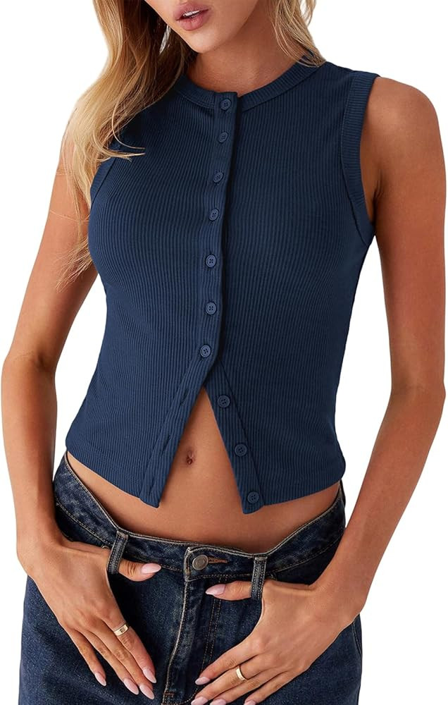 Women Y2k Button Down Tank Tops Knitted Solid Color Sleeveless Vest Top Slim Fit Crop Going Out T... | Amazon (US)