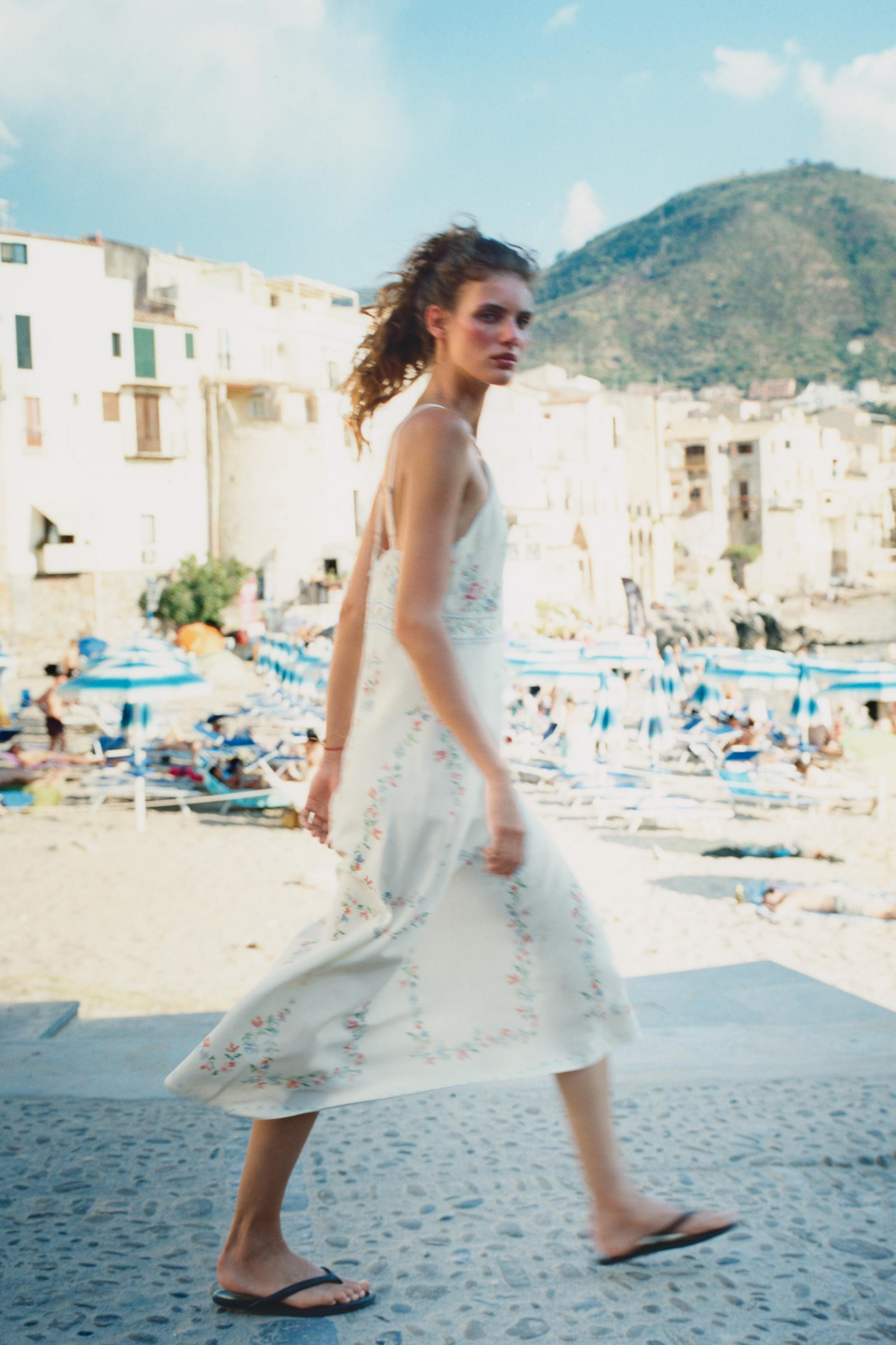 PRINTED LINEN MIDI DRESS | Zara Canada
