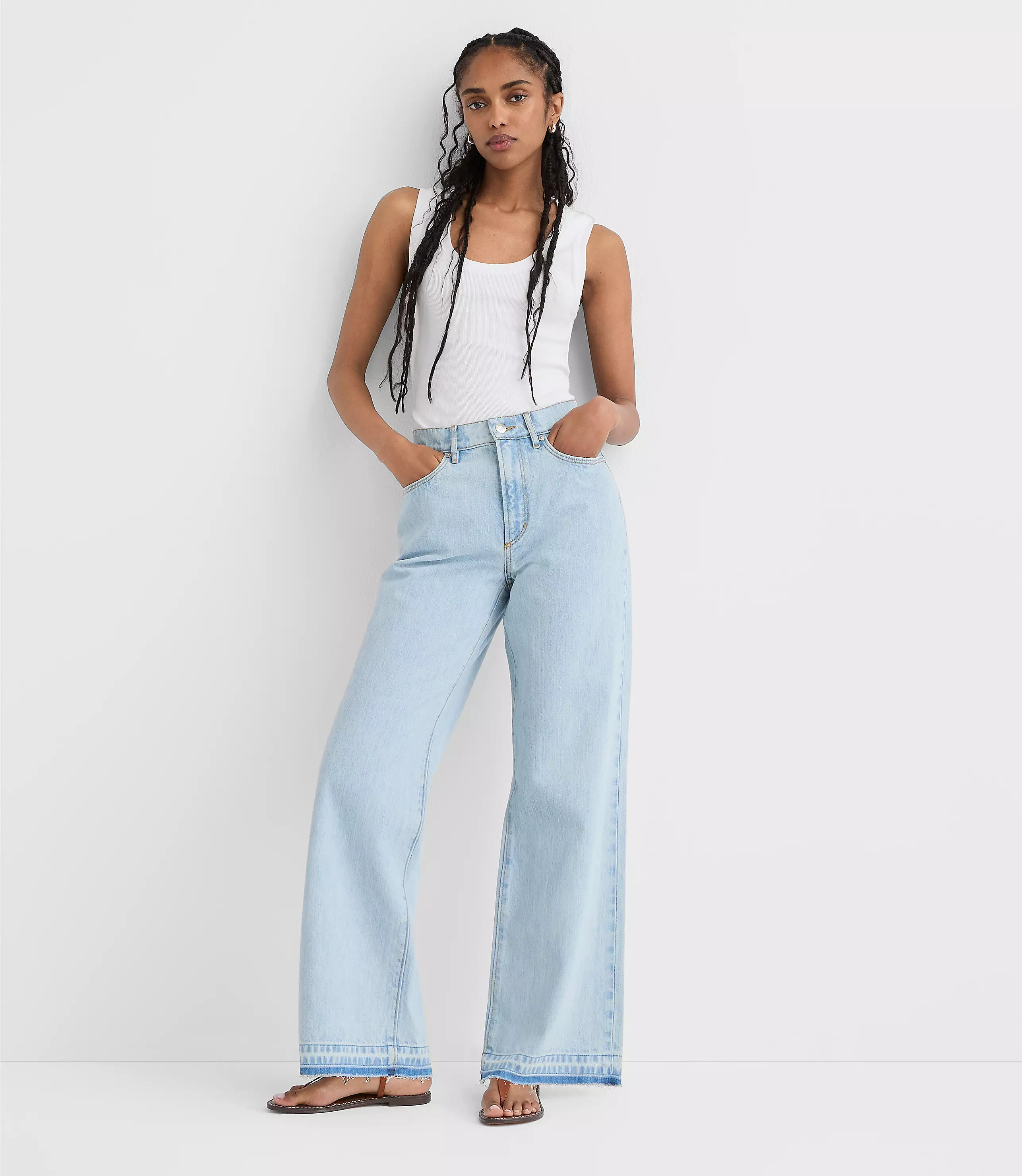 Rivete Unpicked High Rise Wide Leg Jeans in Wave Wash | LOFT