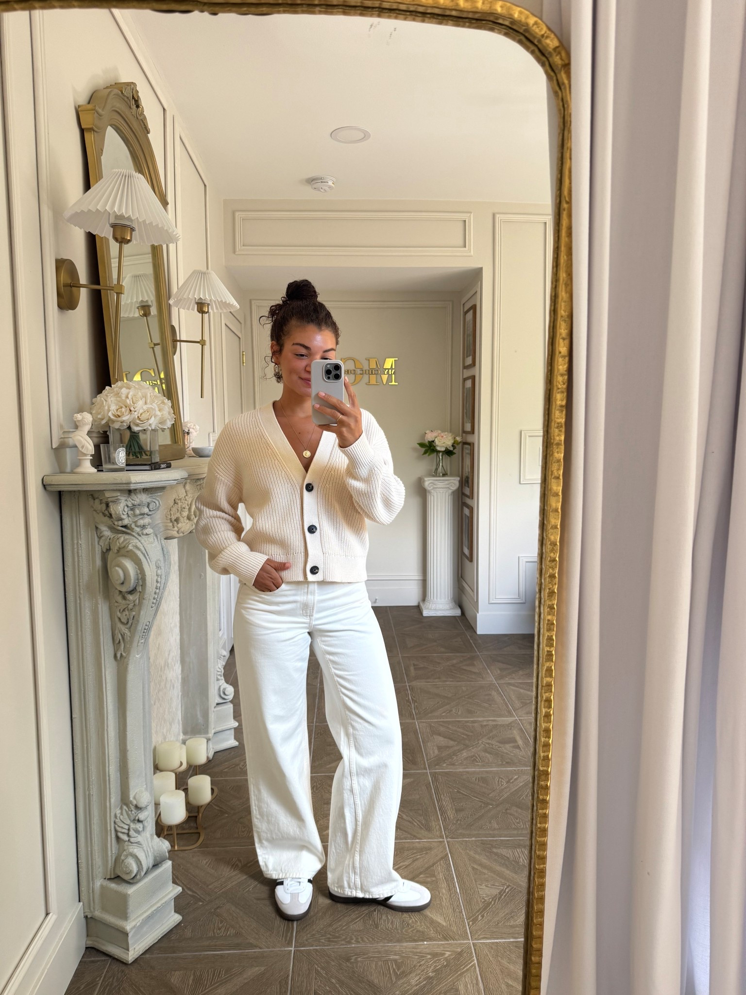 Early fall outfit: cream cardigan worn as top, off white wide leg jeans, and adidas samba sneakers 

#LTKSeasonal #LTKStyleTip