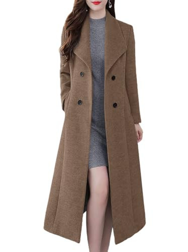 ebossy Women's Shawl Collar Double Breasted Below Knee Slim Wool Trench Long Coat (Medium, Brown) | Amazon (US)