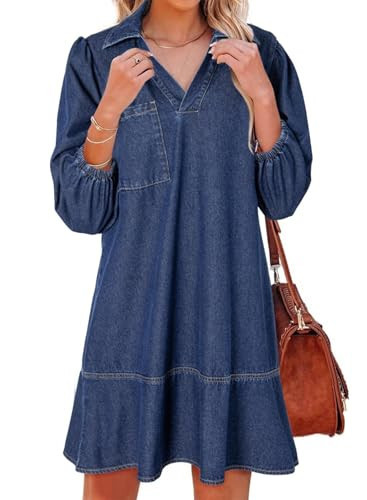 Dokotoo Dresses for Women Casual Spring Summer 3/4 Sleeve Babydoll Denim Dress Womens Ladies Cute Collar Neck Puff Sleeve Fashion Mini Jean Dresses Sail Blue Large | Amazon (US)