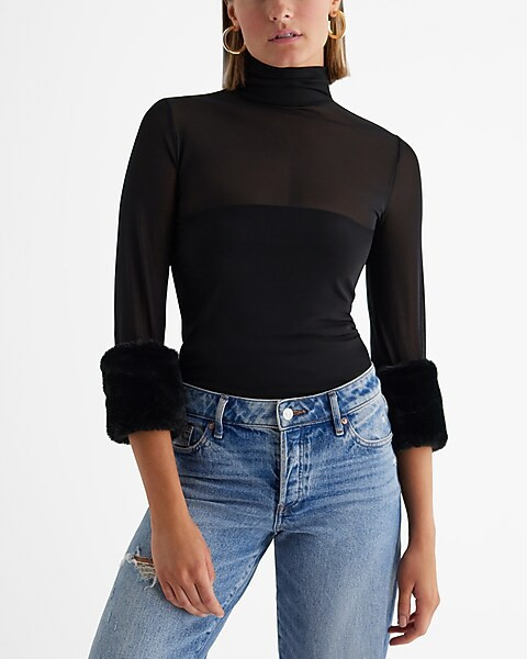 Mesh Crew Neck Fur Trimmed Long Sleeve Tee | Express