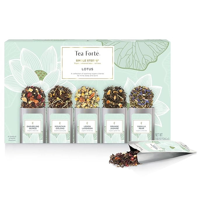 Tea Forte Lotus Single Steeps Loose Leaf Premium Tea Gift Set Sampler, 15 Count 3 of Each Assorte... | Amazon (US)