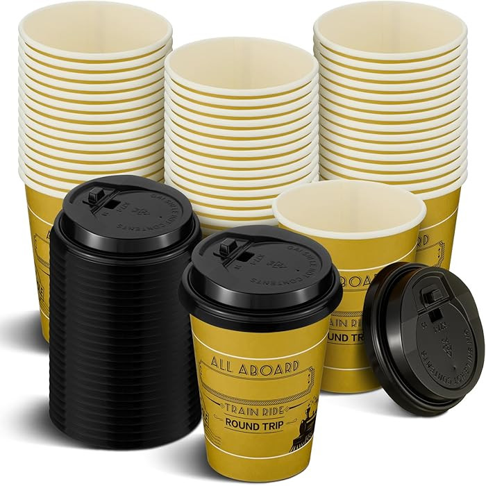 50 Pack Christmas Disposable Coffee Cups with Lids North Pole Train Golden Tickets 9 oz Bulk Hot ... | Amazon (US)