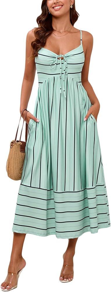 Fashionme Womens Summer Maxi Dresses 2026 Trendy Striped Vacation Boho Beach Spaghetti Strap Sund... | Amazon (US)