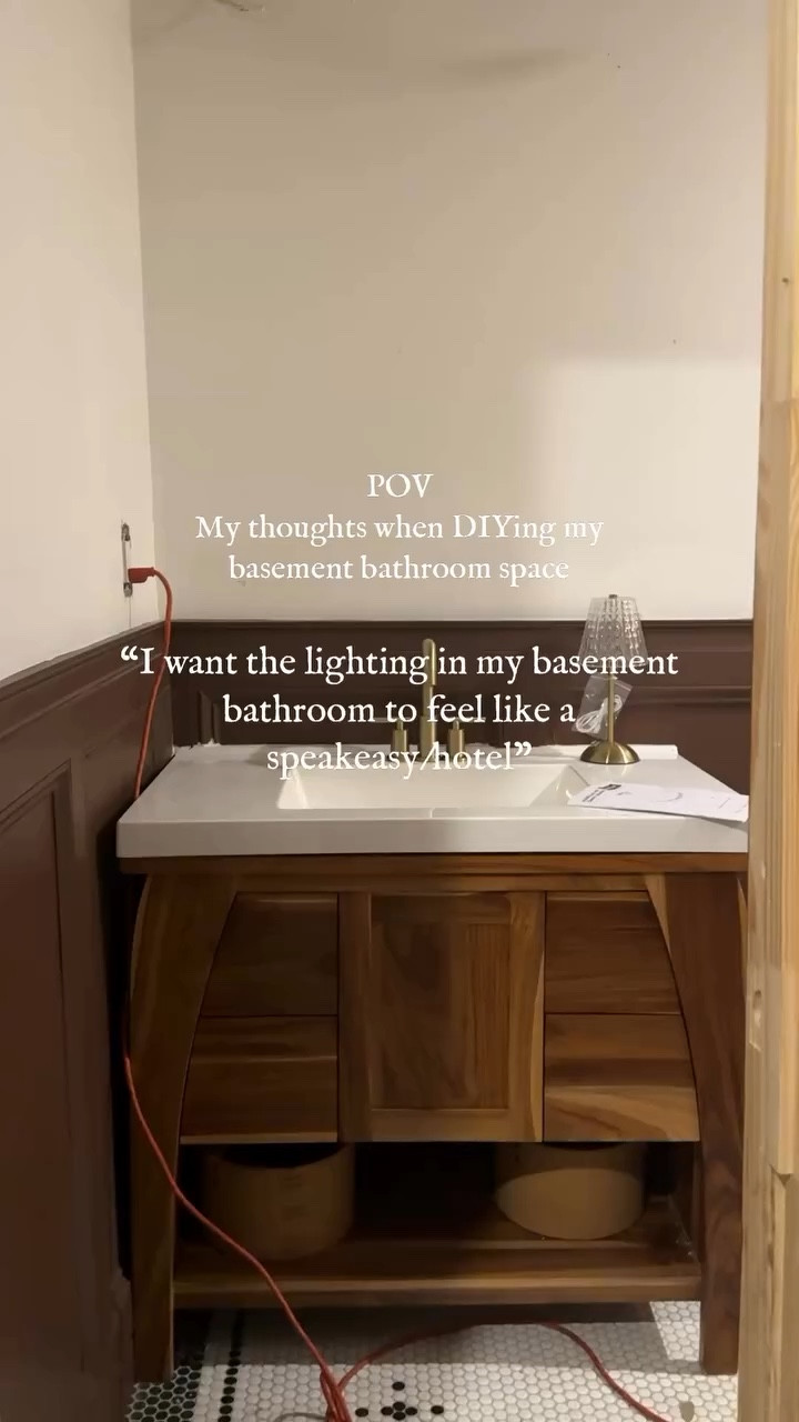 Yall I bought these lights months ago and didn’t get them installed because I was nervous and it felt like such a permanent decision. Spoiler alert… I love them!! 😍😍They give the PERFECT vibes for the speakeasy basement bathroom. I linked them in my LTK and the bulbs came with them. 

Let me know what do you think? The bathroom is 90% done yall!