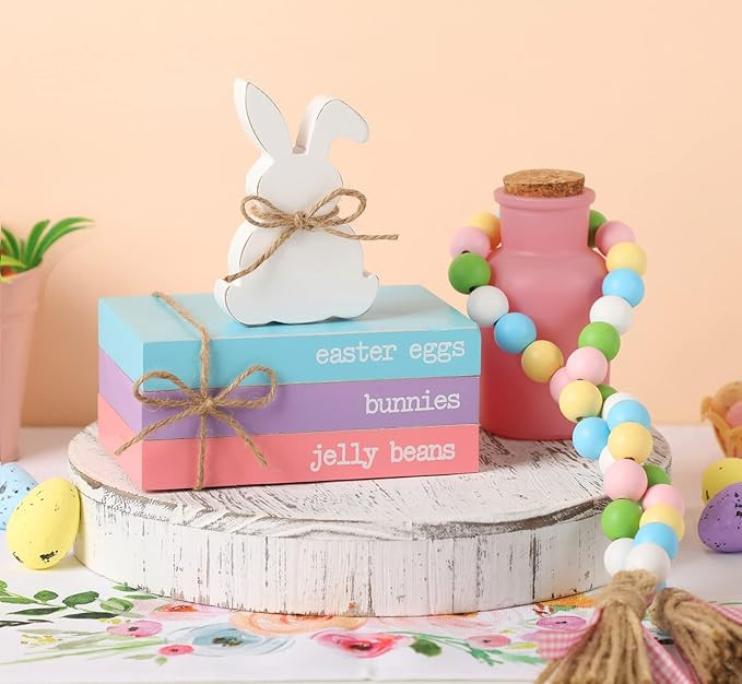 Easter Tiered Tray Decor, Spring Easter Decor for Table, Wood Book Stack with White Bunny and Bea... | Amazon (US)