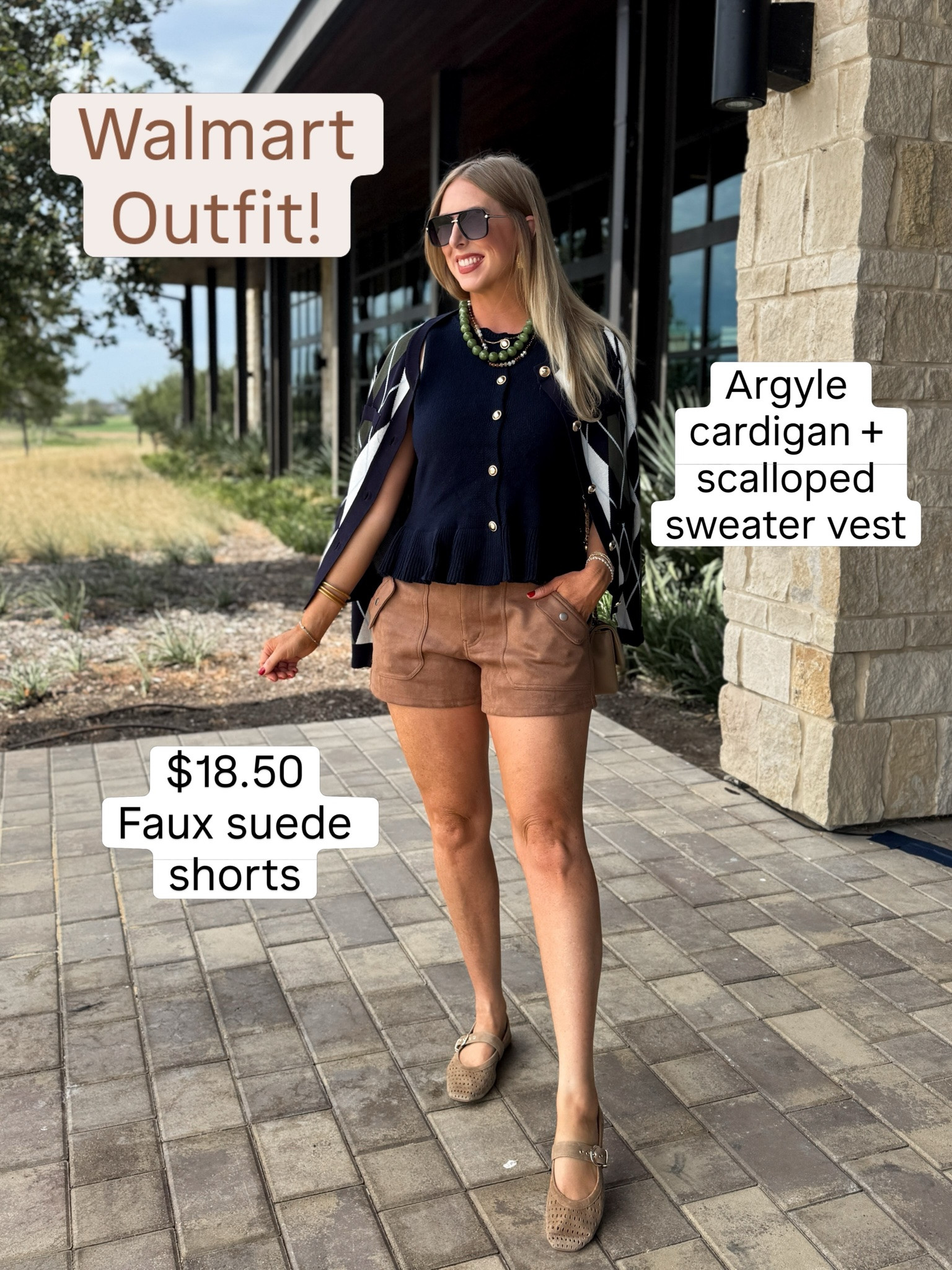 LTK con outfit, argyle cardigan, sweater tank, faux suede shorts

#LTKootd