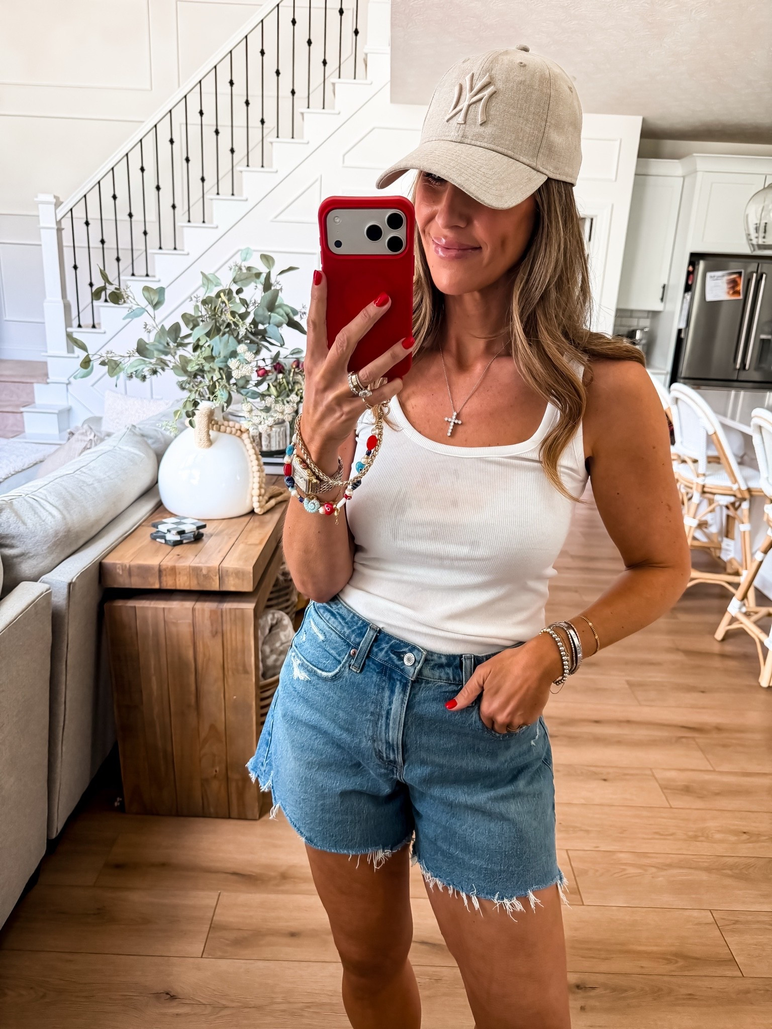 Exact outfit details are linked you know I have a really hard time with denim shorts and I think this is probably a pair that would land in my top five favorite ever it’s a 5 inch and same and they’re not tight on the hips and the thighs in their high waisted slightly stretchy. I sized up one from my normal size 29 to a size 30.

#LTKootd #LTKgrwm #LTKOver40