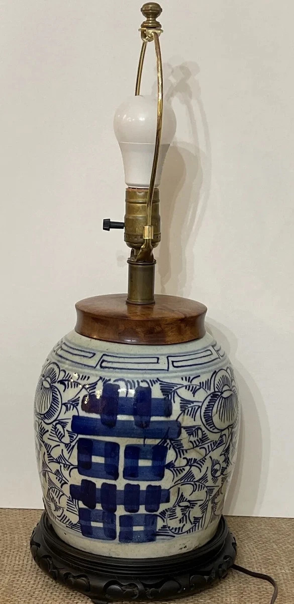Vintage 20" Tall Blue White Ginger Jar Chinoiserie Lamp Light Double Happiness | eBay US